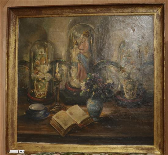 Alfred Joseph Auguste Van Neste (1874-1969), oil on canvas, Still life with icon, signed lower right, 75 x 81cm